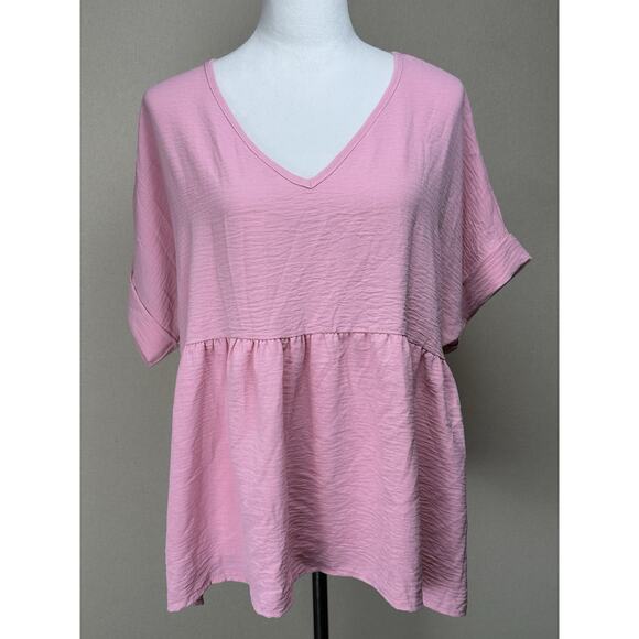 Entro Top Women L Pink Cuffed Short Sleeve Babydoll Flowy V Neck Blouse - Picture 1 of 10